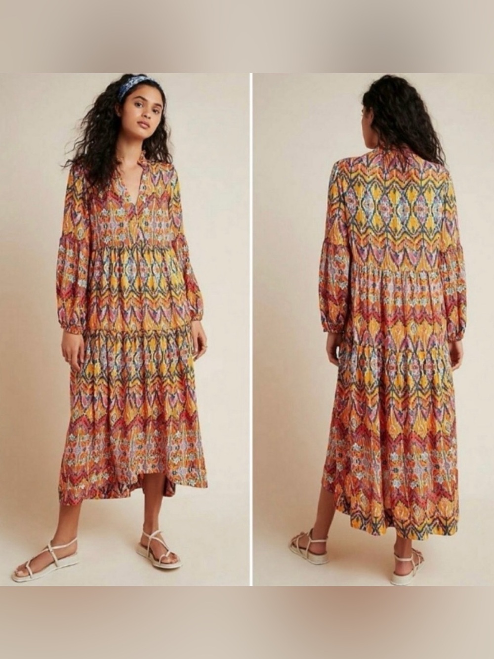 Maeve by Anthropologie Women’s Medium Ikat Print Tiered Midi Dress Long Sleeve
